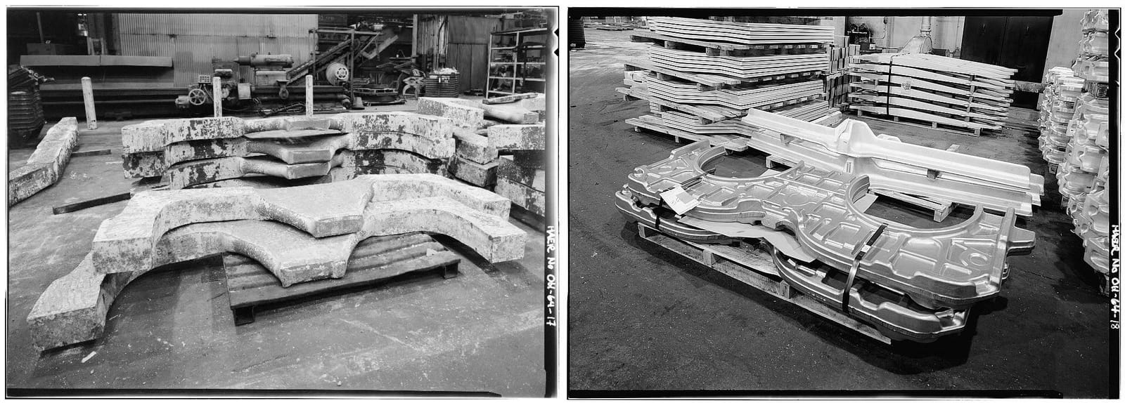 Two photographs side by side: at left, rough titanium blanks stacked on pallets; at right, finished bulkhead forgings with ribs and openings, stacked on pallets.